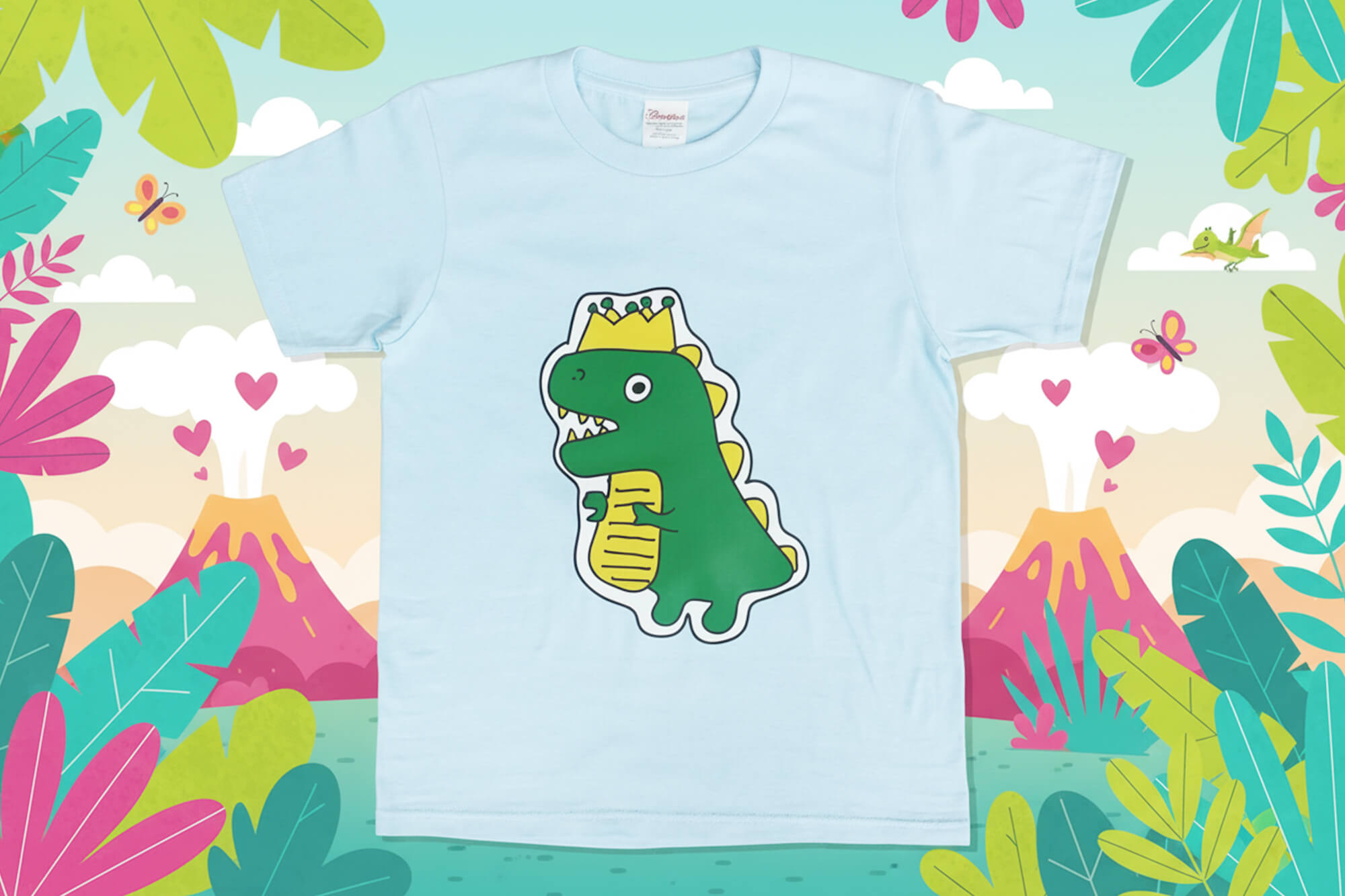 Light Blue Kids Dinosaur T-Shirt with Vinyl Heat-Transfer and Race Number