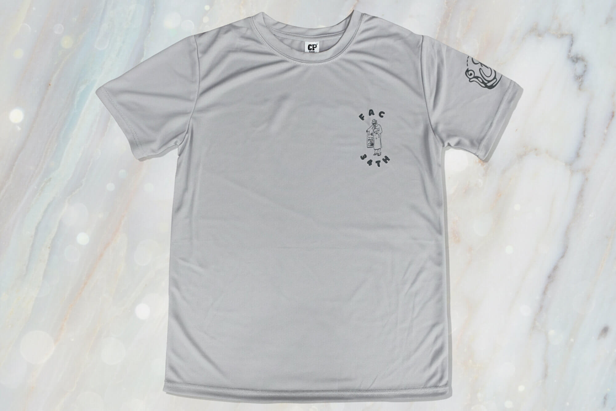 Gray Performance T-Shirt with Black Screen Prints on Chest and Sleeve
