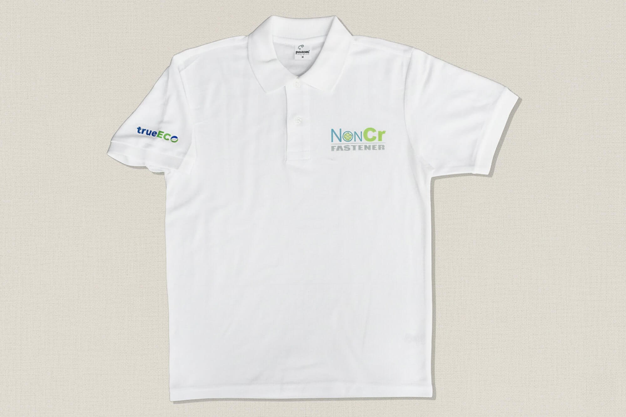 White Polo Shirt with Full-Color Vinyl Logos on Chest and Sleeve