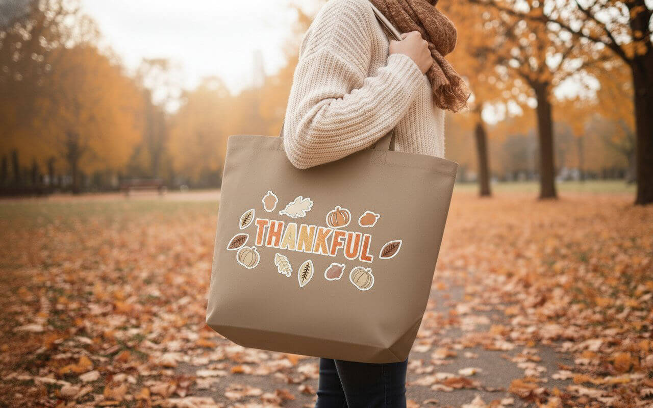 Beige Thankful Tote Bag with Fall Vinyl Print